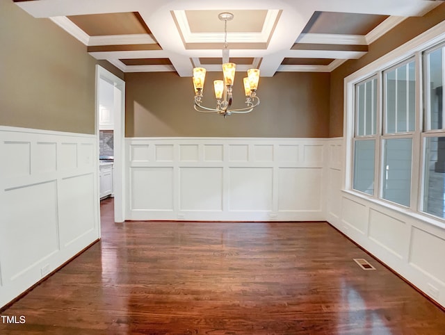 3575 Bragg Valley Ln, Wake Forest, NC 27587 - unfurnished dining area featuring a decorative wall, coffered ceiling, a chandelier, dark wood finished floors, and beam ceiling