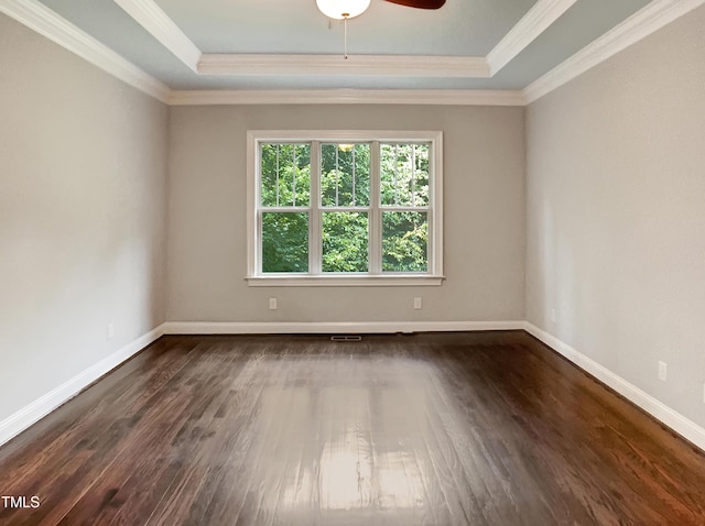3575 Bragg Valley Ln, Wake Forest, NC 27587 - empty room with a tray ceiling, wood finished floors, ornamental molding, and ceiling fan