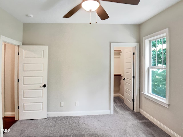 3575 Bragg Valley Ln, Wake Forest, NC 27587 - unfurnished bedroom with a walk in closet, carpet flooring, and ceiling fan