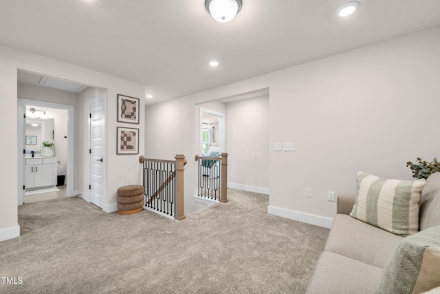 403 Sustainable Way, Raleigh, NC 27610 - hall with an upstairs landing, carpet floors, and recessed lighting