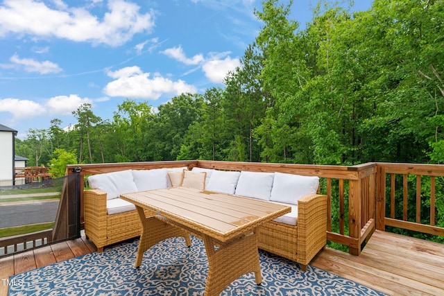 403 Sustainable Way, Raleigh, NC 27610 - deck with an outdoor hangout area and a view of trees
