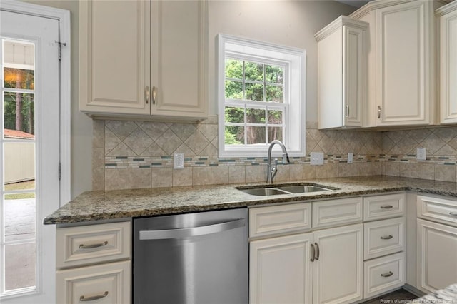 4041 Lifestyle Rd, Fayetteville, NC 28312 - kitchen with stainless steel dishwasher, light stone countertops, decorative backsplash, and white cabinets