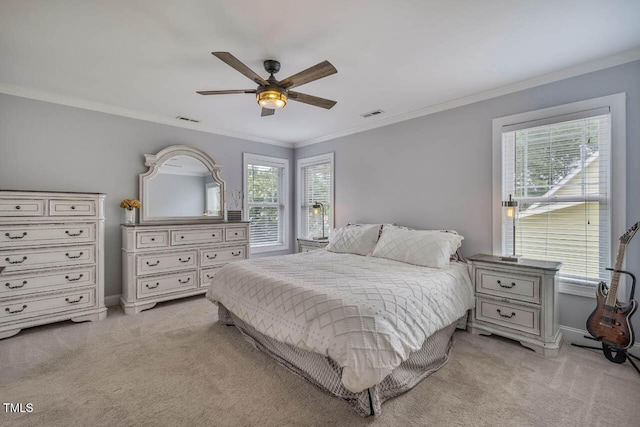 7269 Bedford Ridge Dr, Apex, NC 27539 - bedroom with light colored carpet, multiple windows, ornamental molding, and ceiling fan