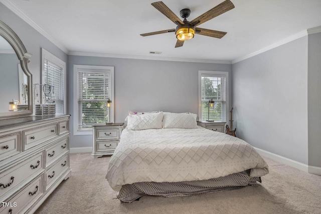 7269 Bedford Ridge Dr, Apex, NC 27539 - bedroom with light carpet, crown molding, and a ceiling fan