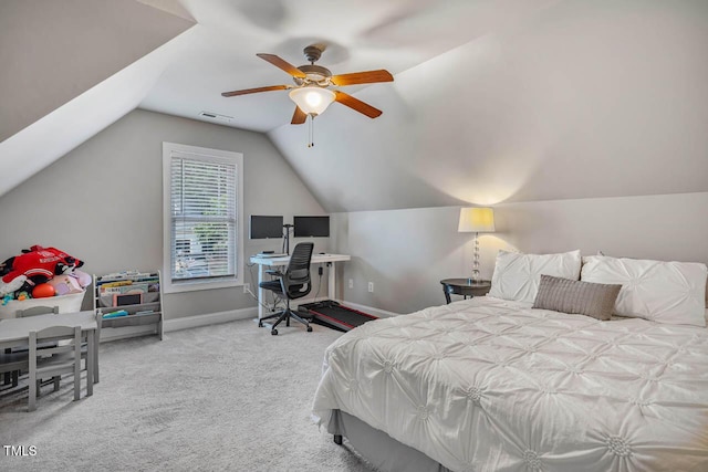 7269 Bedford Ridge Dr, Apex, NC 27539 - bedroom with carpet floors, vaulted ceiling, and ceiling fan