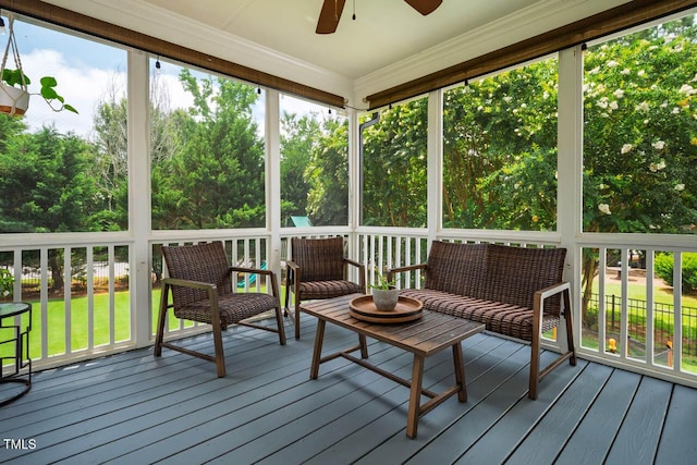 7269 Bedford Ridge Dr, Apex, NC 27539 - sunroom / solarium featuring ceiling fan, plenty of natural light, and an outdoor hangout area