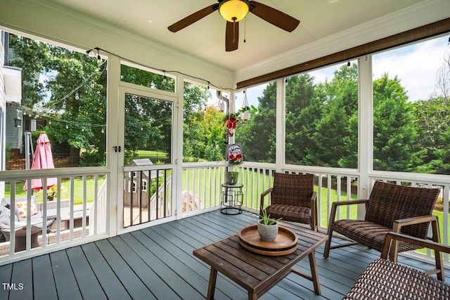 7269 Bedford Ridge Dr, Apex, NC 27539 - sunroom featuring a ceiling fan and view of scattered trees