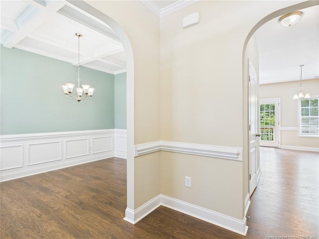 448 Pittfield Run, Cameron, NC 28326 - corridor with a chandelier, arched walkways, wood finished floors, beam ceiling, and ornamental molding