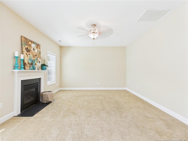 448 Pittfield Run, Cameron, NC 28326 - unfurnished living room featuring carpet floors, a ceiling fan, and a fireplace with flush hearth