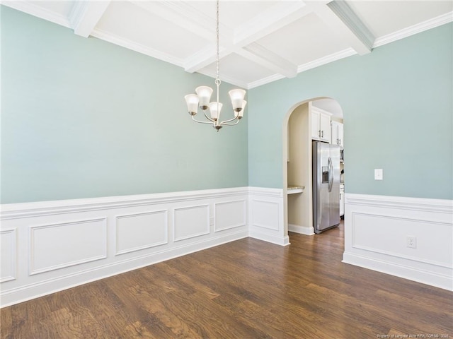 448 Pittfield Run, Cameron, NC 28326 - unfurnished room featuring arched walkways, beam ceiling, coffered ceiling, a chandelier, and wainscoting