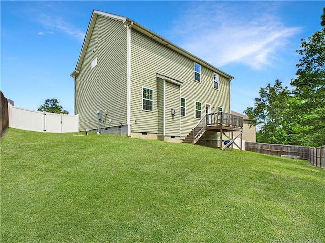 448 Pittfield Run, Cameron, NC 28326 - rear view of property with crawl space, a fenced backyard, stairway, and a wooden deck