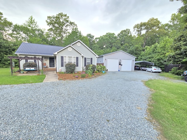 4411 Fairland Ct, Burlington, NC 27215 - single story home featuring gravel driveway, a front yard, a detached garage, a metal roof, and an outbuilding