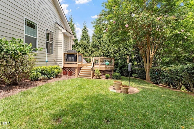 2800 Royal Forrest Dr, Raleigh, NC 27614 - view of green lawn with a wooden deck and stairway
