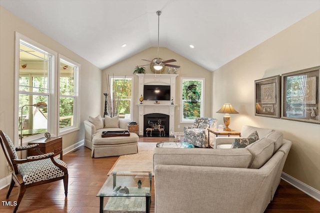 2800 Royal Forrest Dr, Raleigh, NC 27614 - living room with a ceiling fan, a fireplace, vaulted ceiling, and dark wood-style floors