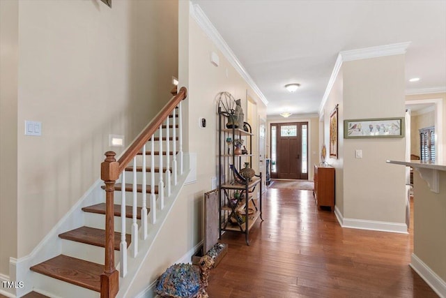 2800 Royal Forrest Dr, Raleigh, NC 27614 - entrance foyer with dark wood-type flooring, ornamental molding, and stairway