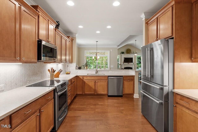2800 Royal Forrest Dr, Raleigh, NC 27614 - kitchen featuring stainless steel appliances, crown molding, dark wood finished floors, recessed lighting, and backsplash