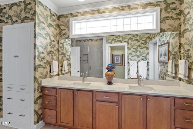 2800 Royal Forrest Dr, Raleigh, NC 27614 - bathroom featuring wallpapered walls, double vanity, plenty of natural light, a shower stall, and ornamental molding