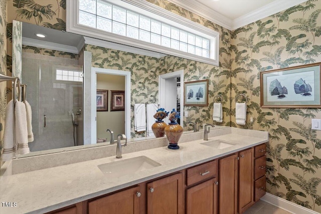 2800 Royal Forrest Dr, Raleigh, NC 27614 - full bath featuring wallpapered walls, crown molding, double vanity, a stall shower, and tile patterned floors