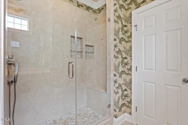 2800 Royal Forrest Dr, Raleigh, NC 27614 - bathroom featuring a shower stall and wallpapered walls