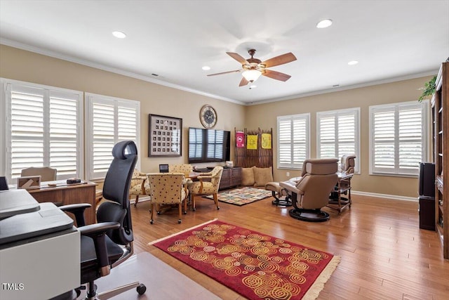 2800 Royal Forrest Dr, Raleigh, NC 27614 - home office featuring ceiling fan, ornamental molding, wood finished floors, and recessed lighting