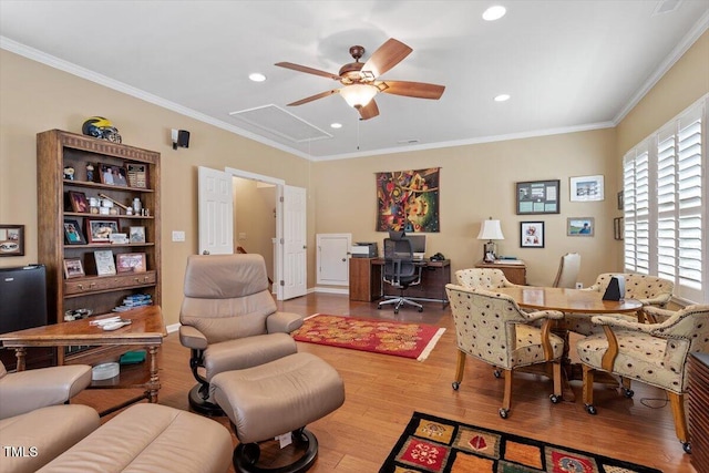 2800 Royal Forrest Dr, Raleigh, NC 27614 - office space with attic access, a ceiling fan, wood finished floors, ornamental molding, and recessed lighting