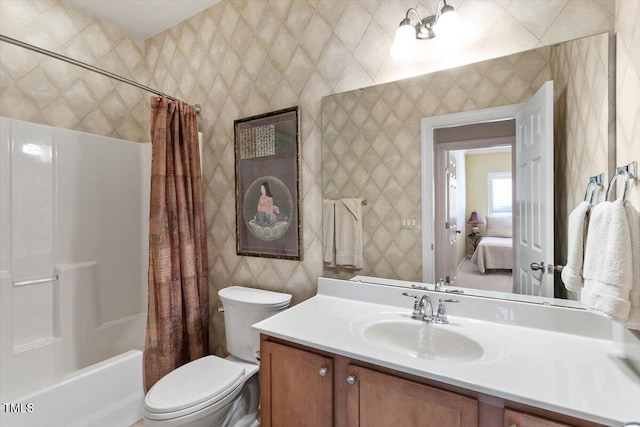 2800 Royal Forrest Dr, Raleigh, NC 27614 - ensuite bathroom featuring vanity, shower / bath combo, and wallpapered walls