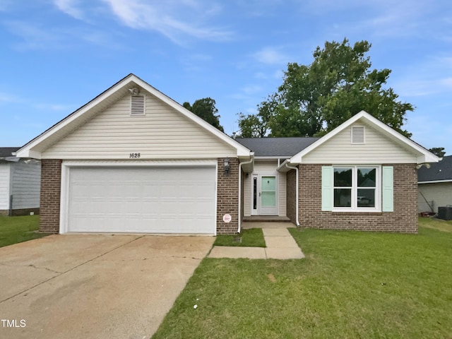 1628 Winnabow Dr, Fayetteville, NC 28304 - ranch-style home with brick siding, concrete driveway, a garage, and a front yard
