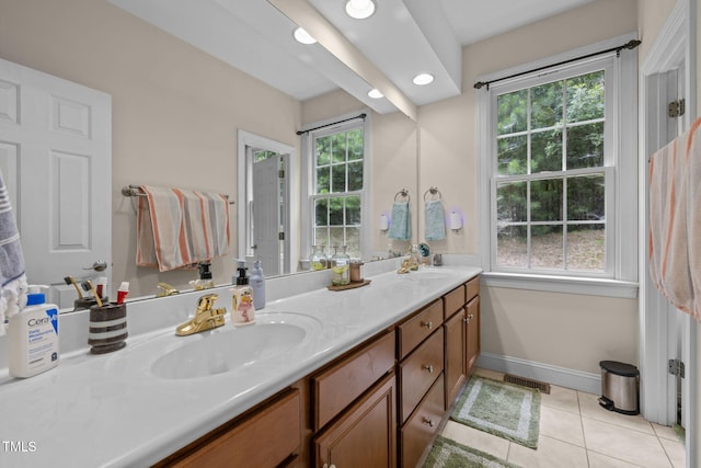 430 Beechwood Trl, Henderson, NC 27536 - bathroom featuring double vanity, tile patterned floors, and recessed lighting