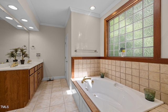 430 Beechwood Trl, Henderson, NC 27536 - full bathroom featuring ornamental molding, double vanity, recessed lighting, a tub with jets, and tile patterned floors