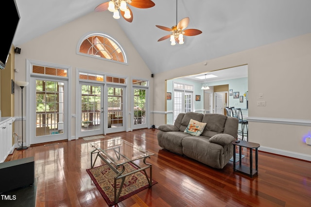 430 Beechwood Trl, Henderson, NC 27536 - living area with a ceiling fan, wood finished floors, french doors, and high vaulted ceiling