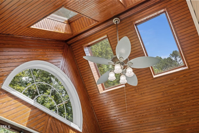 430 Beechwood Trl, Henderson, NC 27536 - detailed view of wooden walls, a skylight, ceiling fan, and wooden ceiling