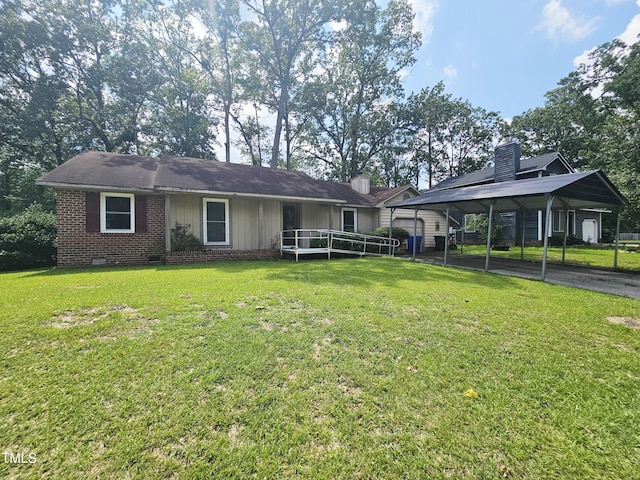 746 Glen Reilly Dr, Fayetteville, NC 28314 - view of front of house featuring a carport, crawl space, a front yard, brick siding, and a chimney
