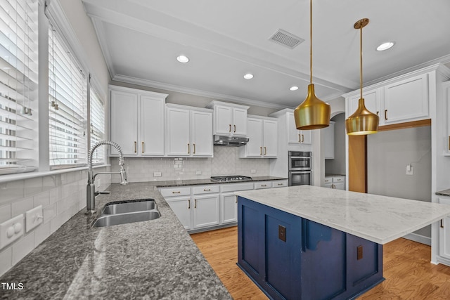 111 Court Jester Way, Morrisville, NC 27560 - kitchen featuring stainless steel appliances, under cabinet range hood, white cabinets, decorative backsplash, and ornamental molding