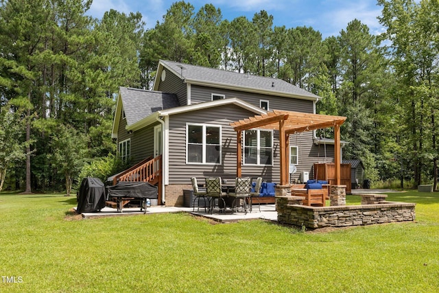 1128 Old Stage Rd S, Erwin, NC 28339 - back of property with a pergola, a patio, a lawn, outdoor lounge area, and view of scattered trees
