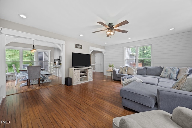 1128 Old Stage Rd S, Erwin, NC 28339 - living room featuring ceiling fan, dark wood-type flooring, and recessed lighting