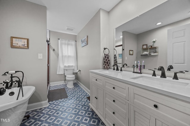 1128 Old Stage Rd S, Erwin, NC 28339 - bathroom with double vanity, a freestanding tub, a shower, and tile patterned floors