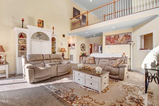 4904 Pebble Beach Cir N, Wilson, NC 27896 - living area featuring a towering ceiling, light colored carpet, and ornamental molding