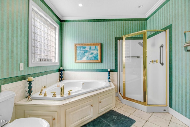 4904 Pebble Beach Cir N, Wilson, NC 27896 - full bathroom featuring wallpapered walls, a shower stall, crown molding, tile patterned floors, and a bath