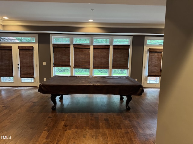2305 Berteau Dr, Wake Forest, NC 27587 - recreation room with ornamental molding, wood-type flooring, billiards table, and french doors