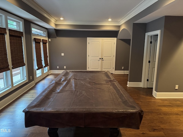 2305 Berteau Dr, Wake Forest, NC 27587 - playroom with pool table, crown molding, dark wood-style flooring, and recessed lighting