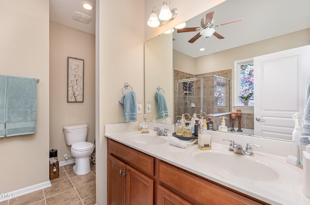 1205 Barnford Mill Rd, Wake Forest, NC 27587 - full bath with ceiling fan, double vanity, a shower stall, and tile patterned floors