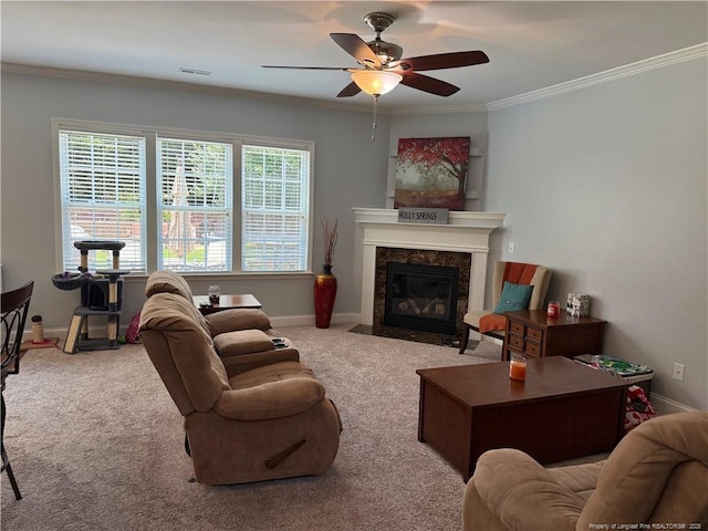 5724 Avera Ln, Holly Springs, NC 27540 - living room with carpet flooring, ceiling fan, a fireplace, and ornamental molding