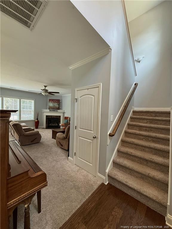 5724 Avera Ln, Holly Springs, NC 27540 - stairs with a ceiling fan, a fireplace, ornamental molding, carpet, and wood finished floors