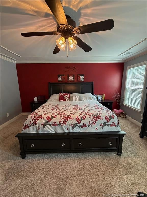 5724 Avera Ln, Holly Springs, NC 27540 - bedroom with light colored carpet, crown molding, ceiling fan, and attic access