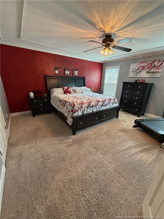 5724 Avera Ln, Holly Springs, NC 27540 - bedroom featuring carpet flooring, crown molding, and ceiling fan