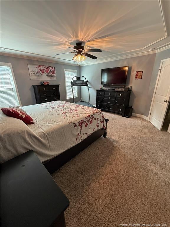 5724 Avera Ln, Holly Springs, NC 27540 - carpeted bedroom featuring crown molding and a ceiling fan