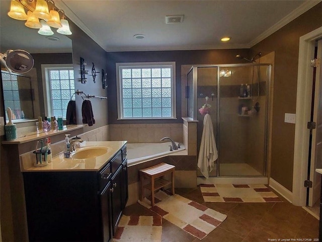 5724 Avera Ln, Holly Springs, NC 27540 - full bath featuring vanity, a bath, a stall shower, a chandelier, and ornamental molding