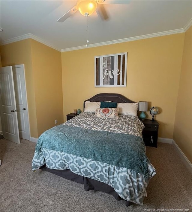 5724 Avera Ln, Holly Springs, NC 27540 - carpeted bedroom with crown molding and a ceiling fan