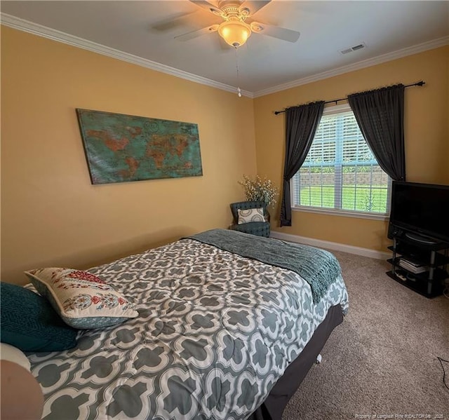 5724 Avera Ln, Holly Springs, NC 27540 - bedroom with ornamental molding, carpet, and a ceiling fan