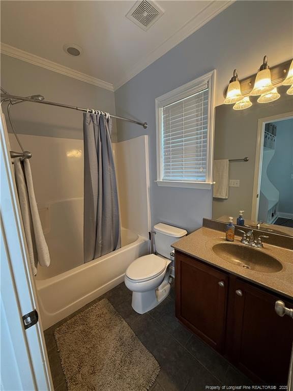 5724 Avera Ln, Holly Springs, NC 27540 - bathroom with crown molding, shower / bath combo, vanity, and tile patterned flooring